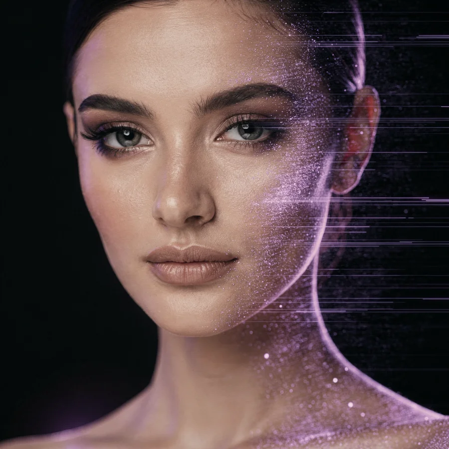 A digital character forming from light and particles, illustrating AI character creation