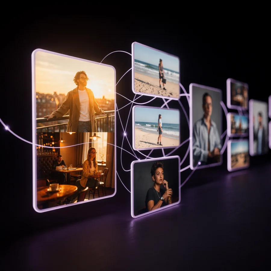 A grid of glowing content frames representing photos and videos generated in different scenes