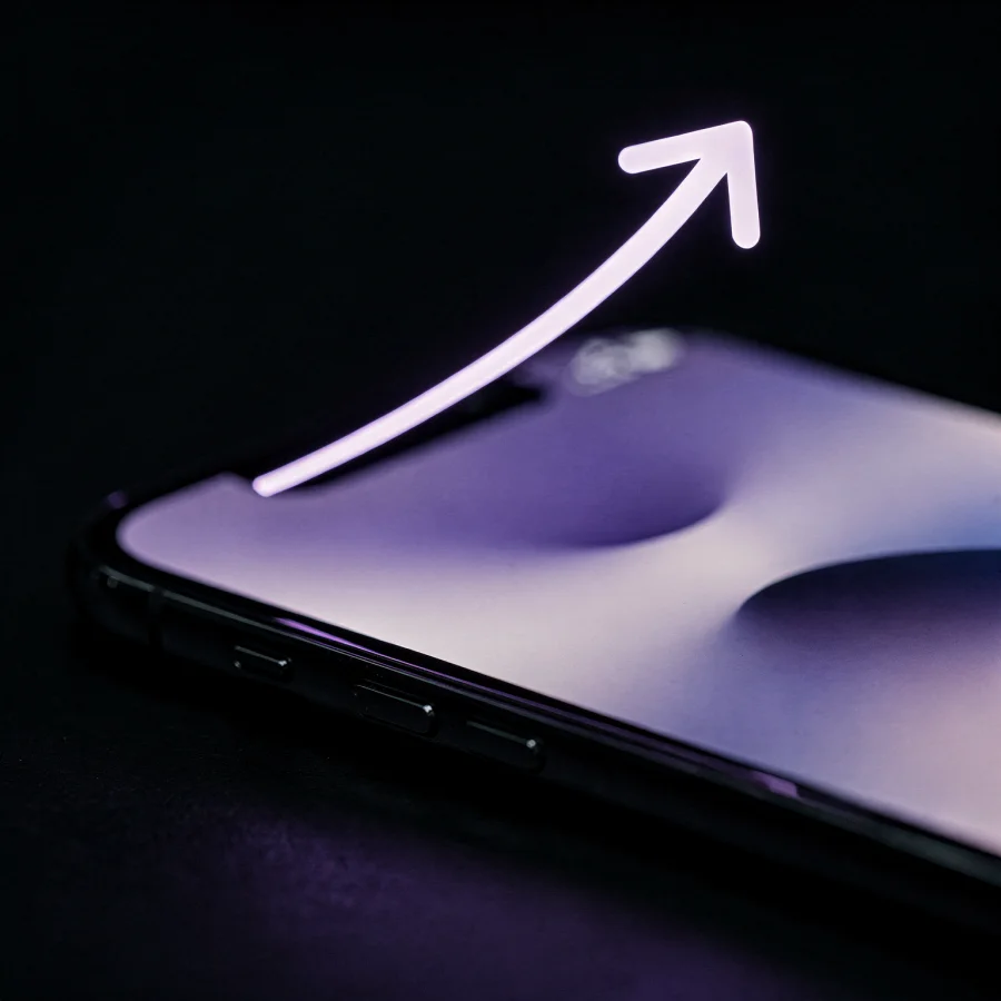 A smartphone glowing with light next to a growth arrow, representing posting content and growing an audience