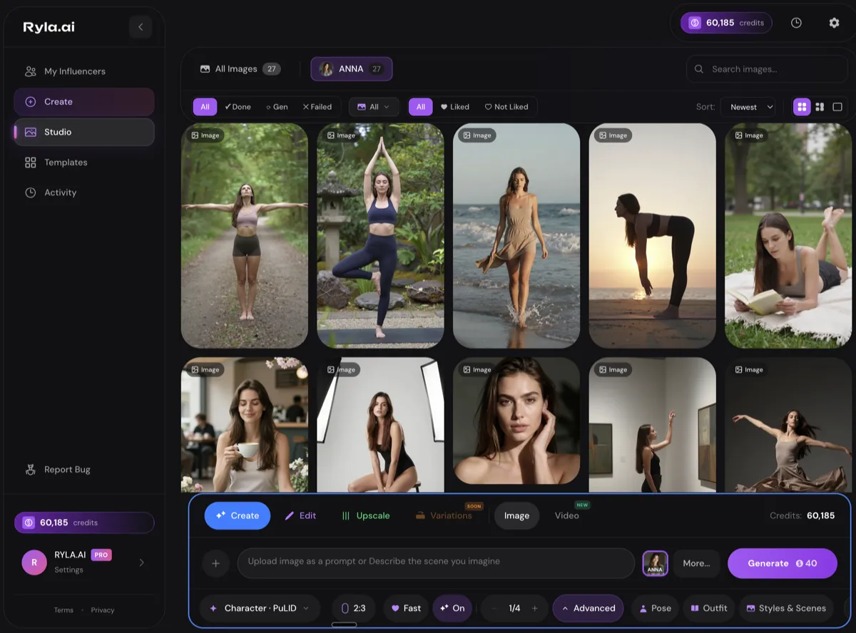 RYLA Photo Studio — Generate studio-quality photos in any scene, outfit, or setting. One click, perfect consistency.